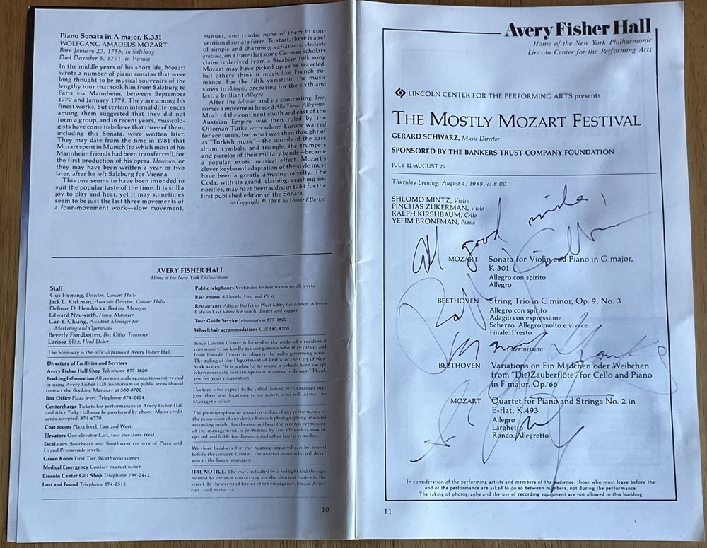 Violinist Shlomo Mintz & Cellist Ralph Kirshbaum Autographed Program