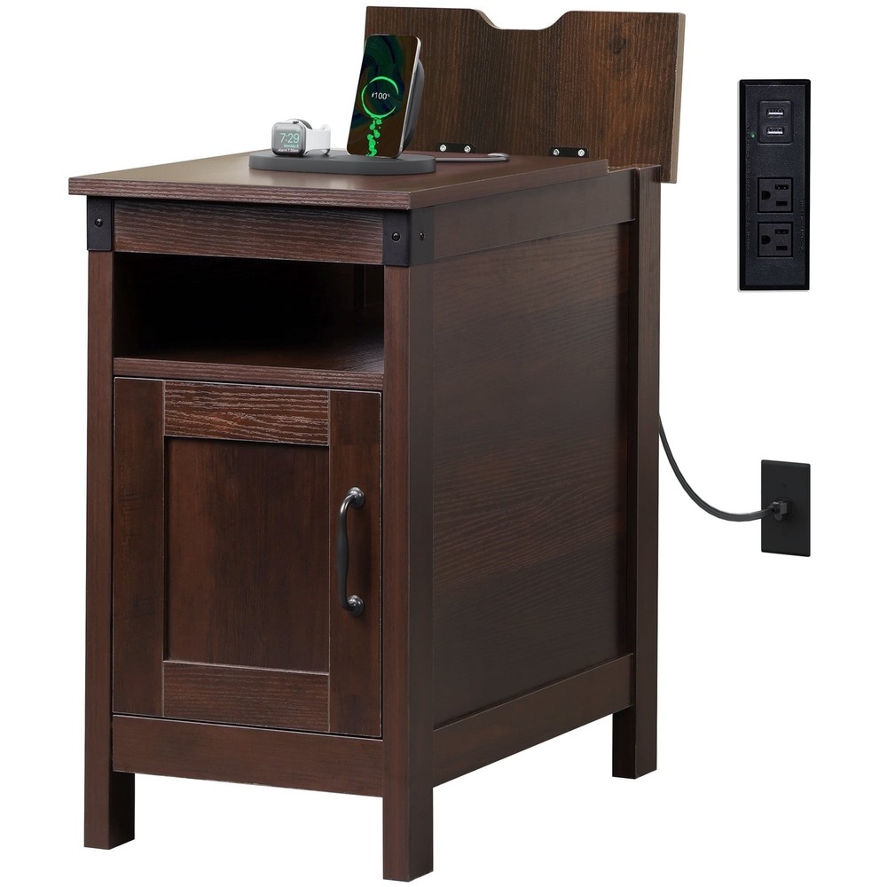 Side Table with Charging Station Narrow End Table with Storage Night