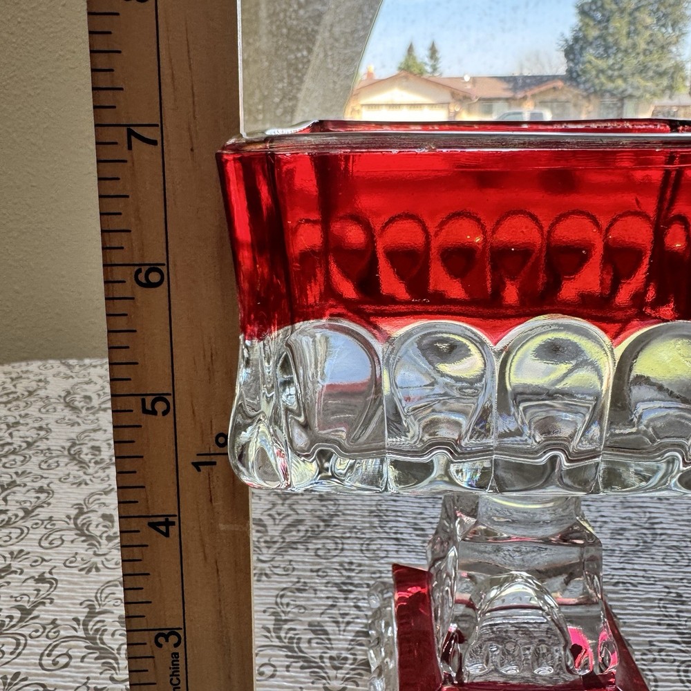 Indiana Glass Ruby Flash Pedestal Compote Square Thumbprint Bowl