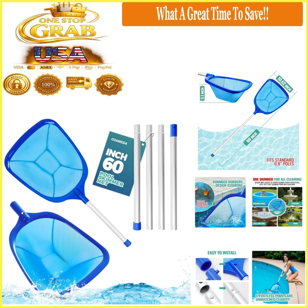 Pool Skimmer Net - 60 Inch Fine Mesh Leaf Rake for Pool Cleaning