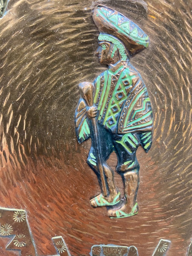 3 Peruvian Artisan Copper Decorated Colored Wall Plates