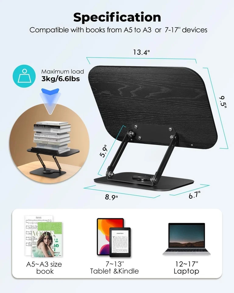 Book Stand for Reading,Book Holder, Height&Angle Adjustable, 360° Rotating Base,