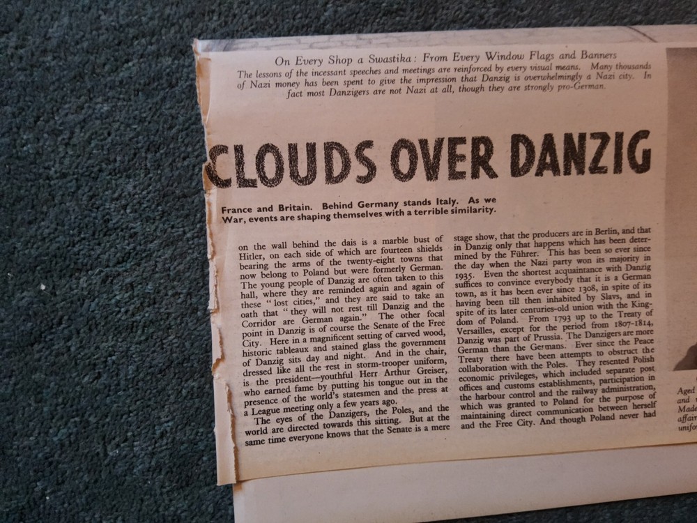 H1-2  Ephemera 1939 Article Clouds Over Danzig