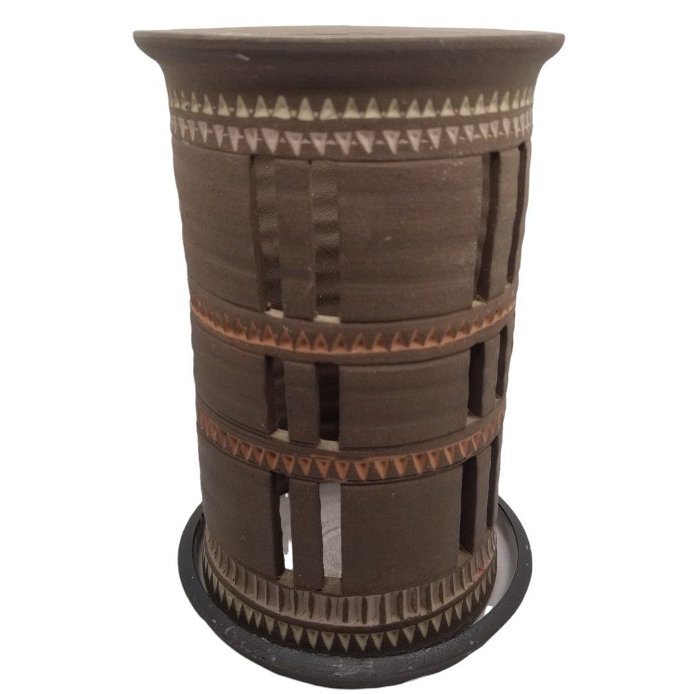 Studio Art Pottery MCM Pillar Candle Holder Signed BROMECK Brown Boho Eclectic