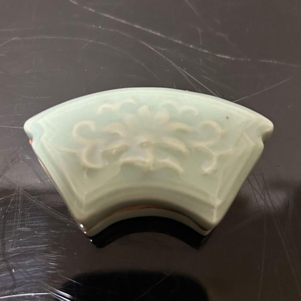 Celadon Folding Fan Design Incense Case Tea Ceremony Ceramic Decor Art