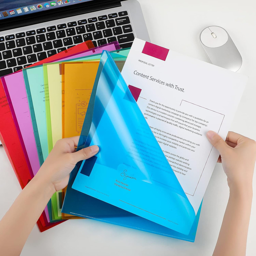 Clear Plastic Folders Sleeves 12 Pack, 6 Assorted Colors, Documents Project Pock