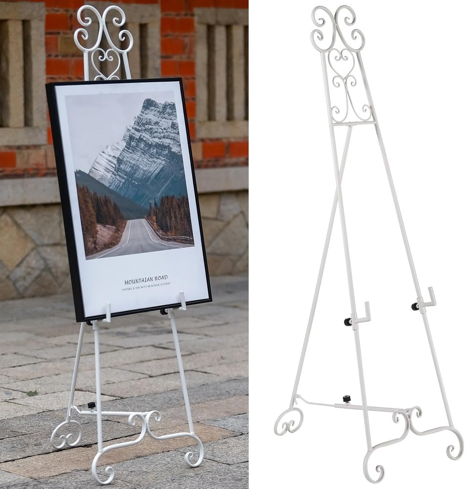 Metal Free Standing Adjustable Display Stand Scroll Easel with Chain White