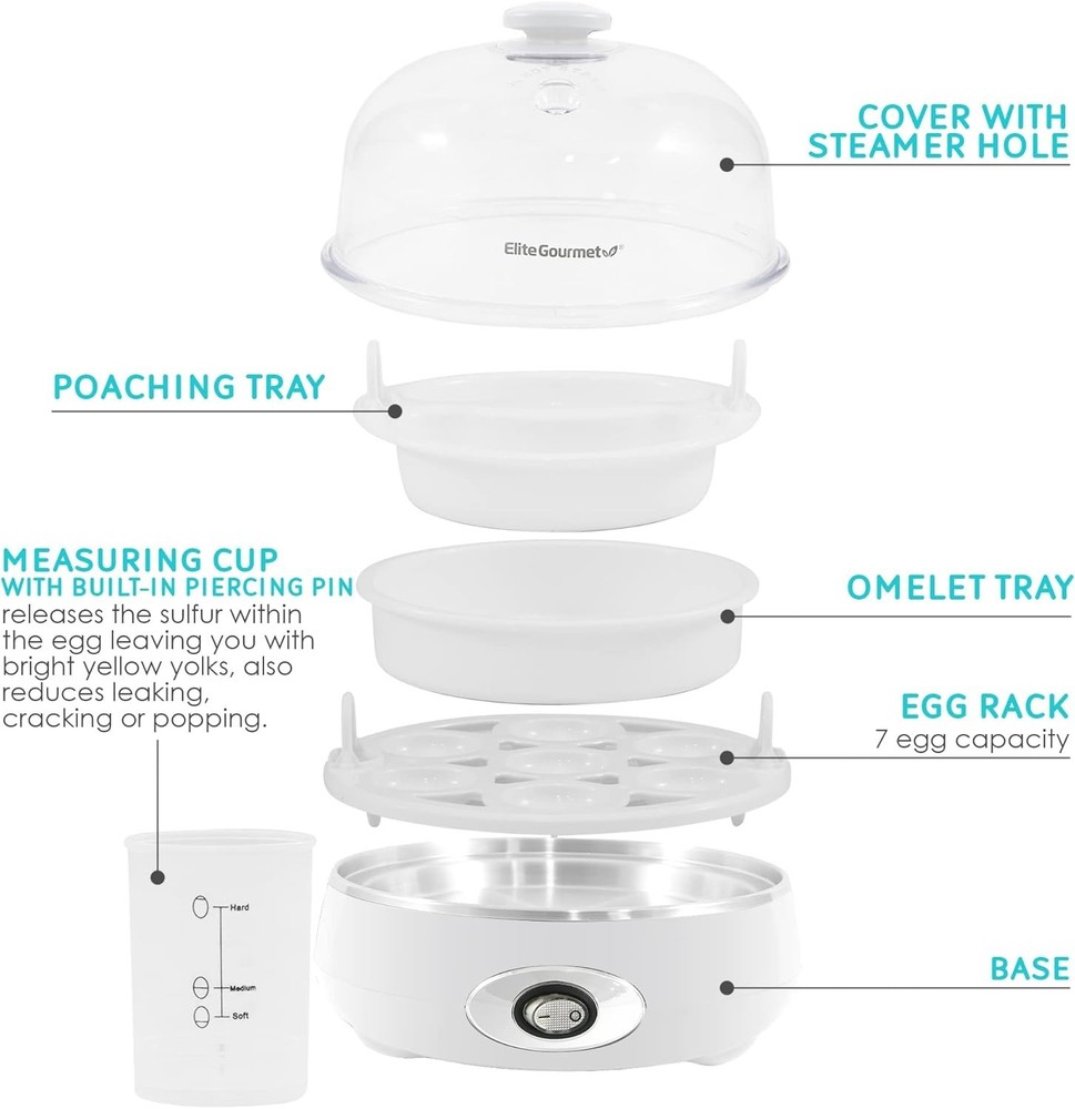 Automatic Egg Cooker with Auto Shut-Off, Buzzer & 7 Egg Capacity, Classic White