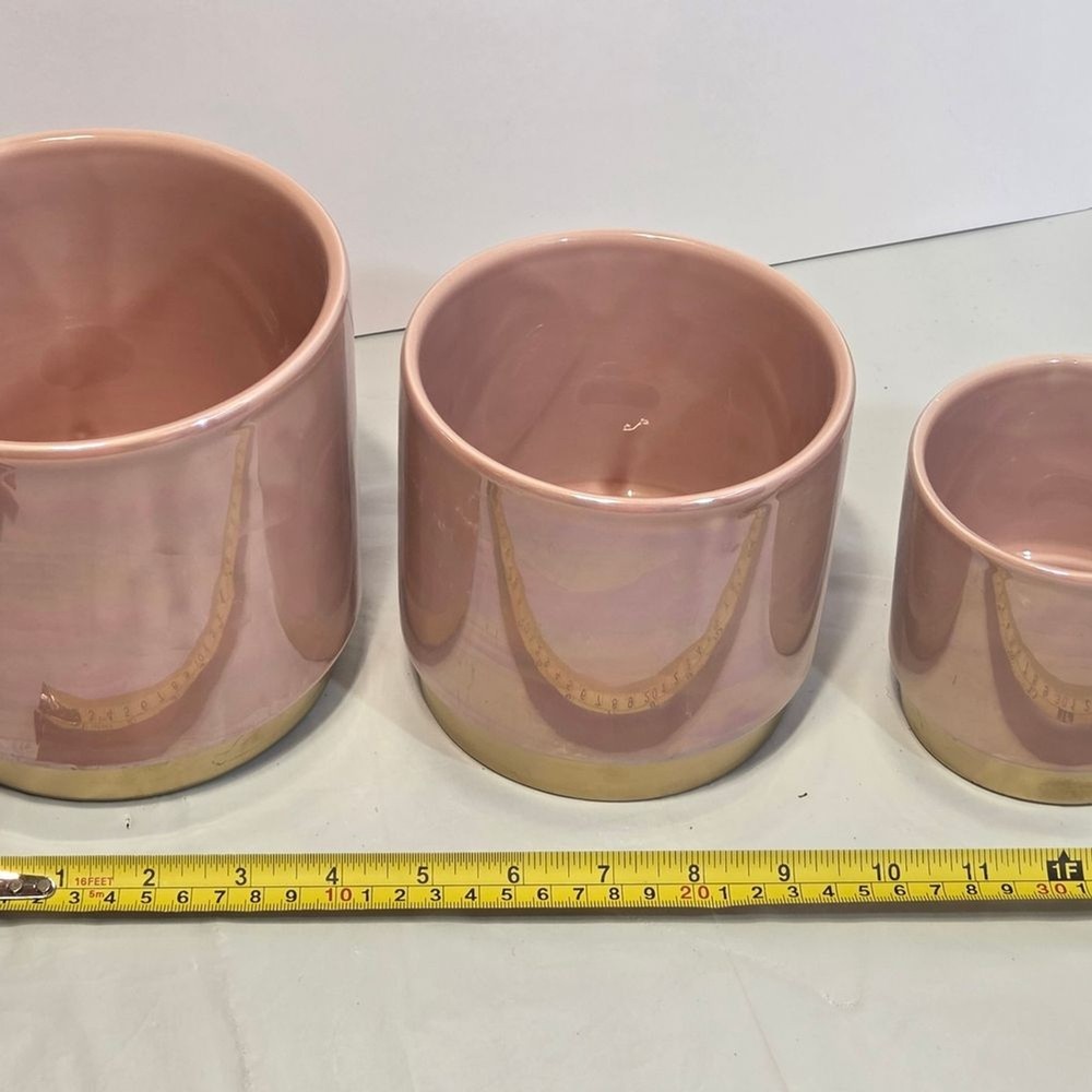 Source Unknown Pink Glazed Ceramic Planter Trio with Gold Accent
