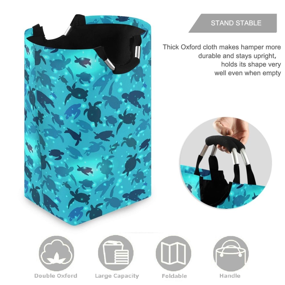 Turtle Swims in The Ocean Large Laundry Hamper with Handle Foldable Durable C...
