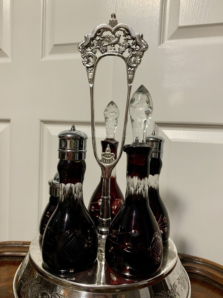 Ruby Cut-to-Clear Bottles Silver Plate Frame Stand/Holder Cruet Condiment Set