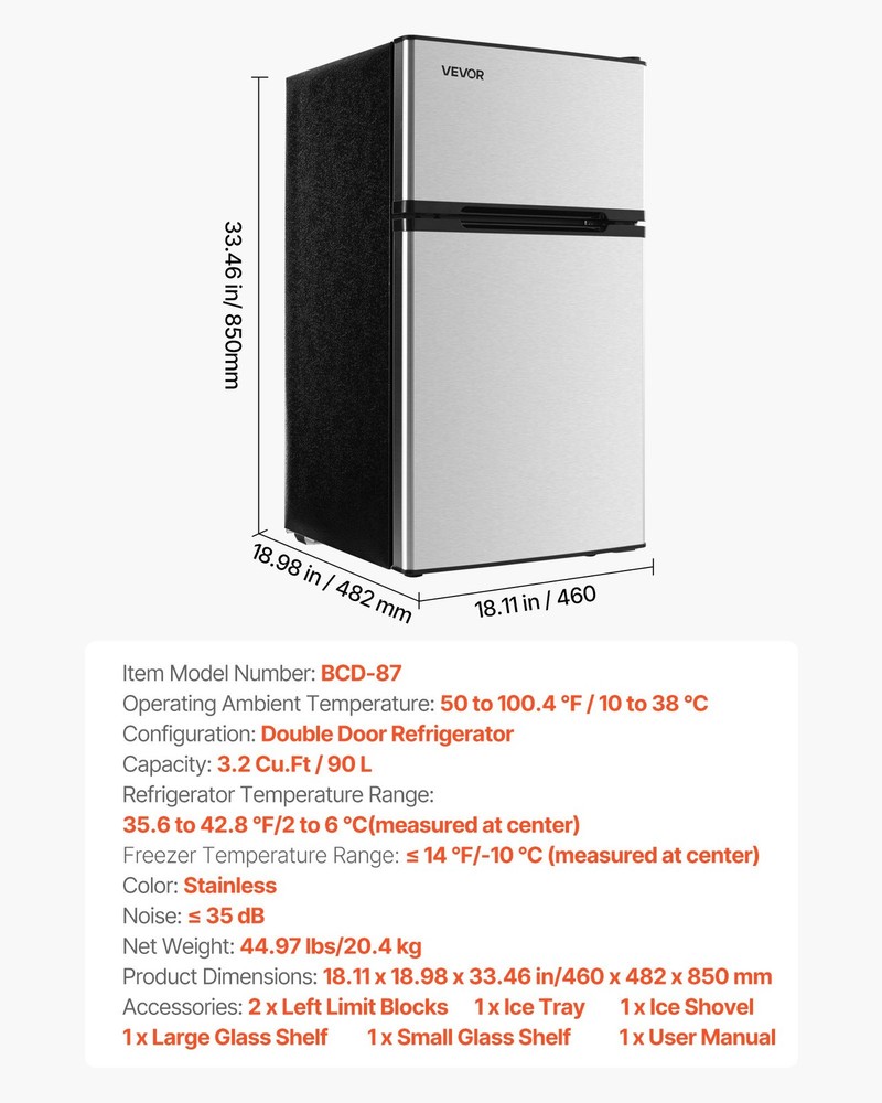 Mini Fridge Freezer 3.2 Cu.Ft Two Door Compact Refrigerator Adjustable Tem