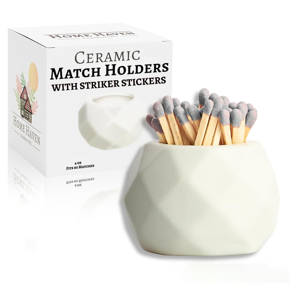 Classic White Ceramic Match Holder with Striker Pads - Decorative Matches in ...