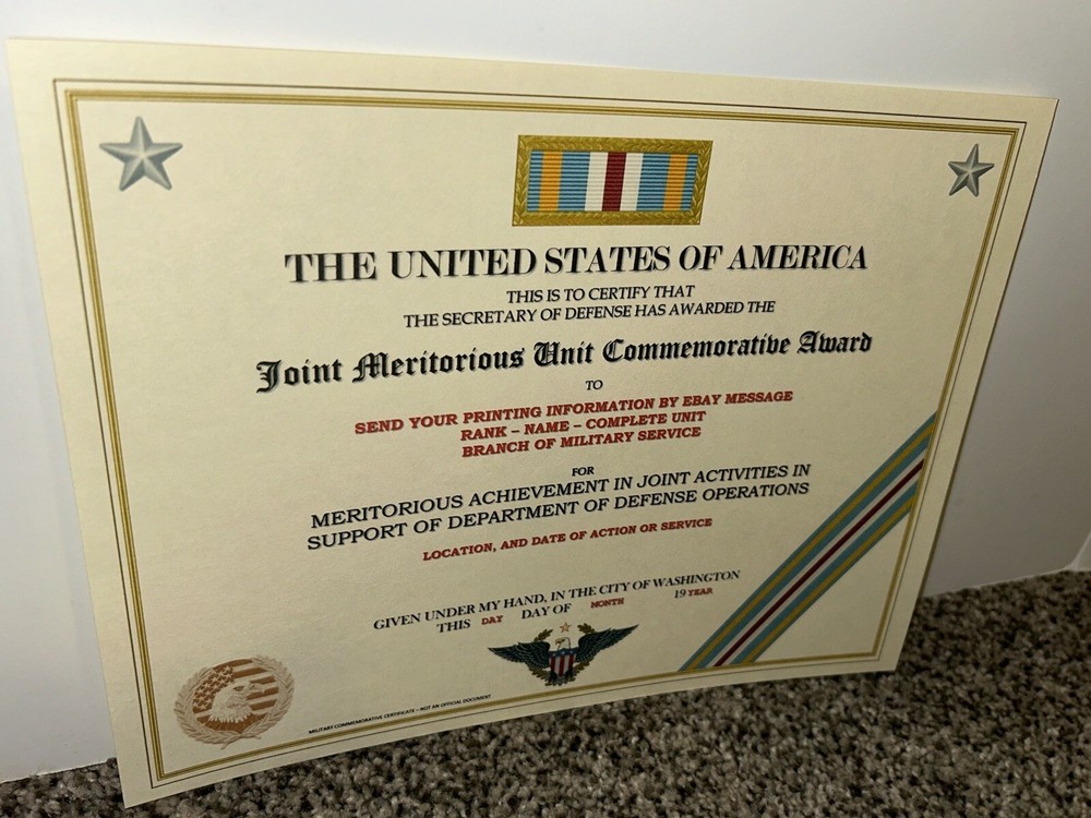 JOINT MERITORIOUS UNIT COMMEMORATIVE AWARD CERTIFICATE ~W/PRINTING T-1
