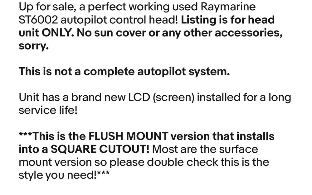 Raymarine ST6002 FLUSH MOUNT Auto Pilot Control Head Display - NEW LCD SCREEN!