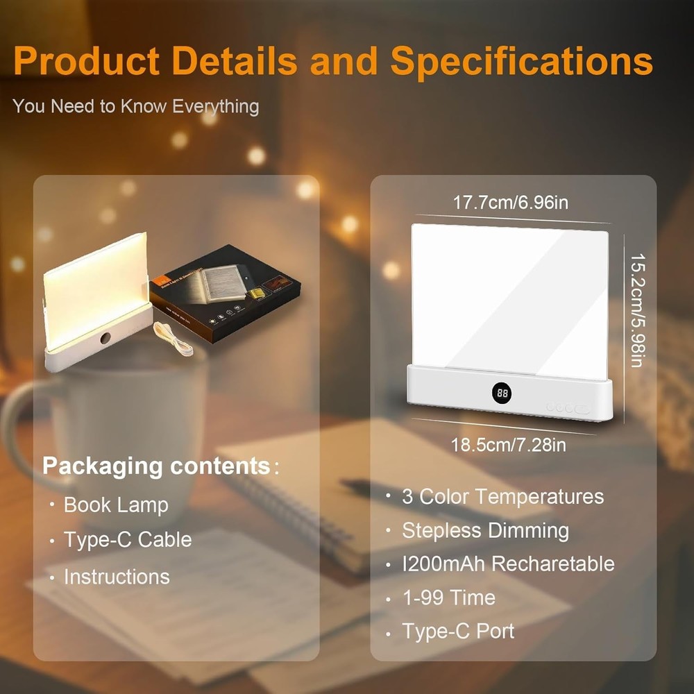 Book Light, Rechargeable Clear LED Flat Reading Light with 3 Colors Timer, D...