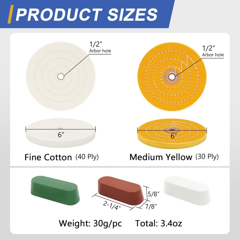 Professional 6" Buffing Wheels Set w/ Polishing Compound - Mirror Finish