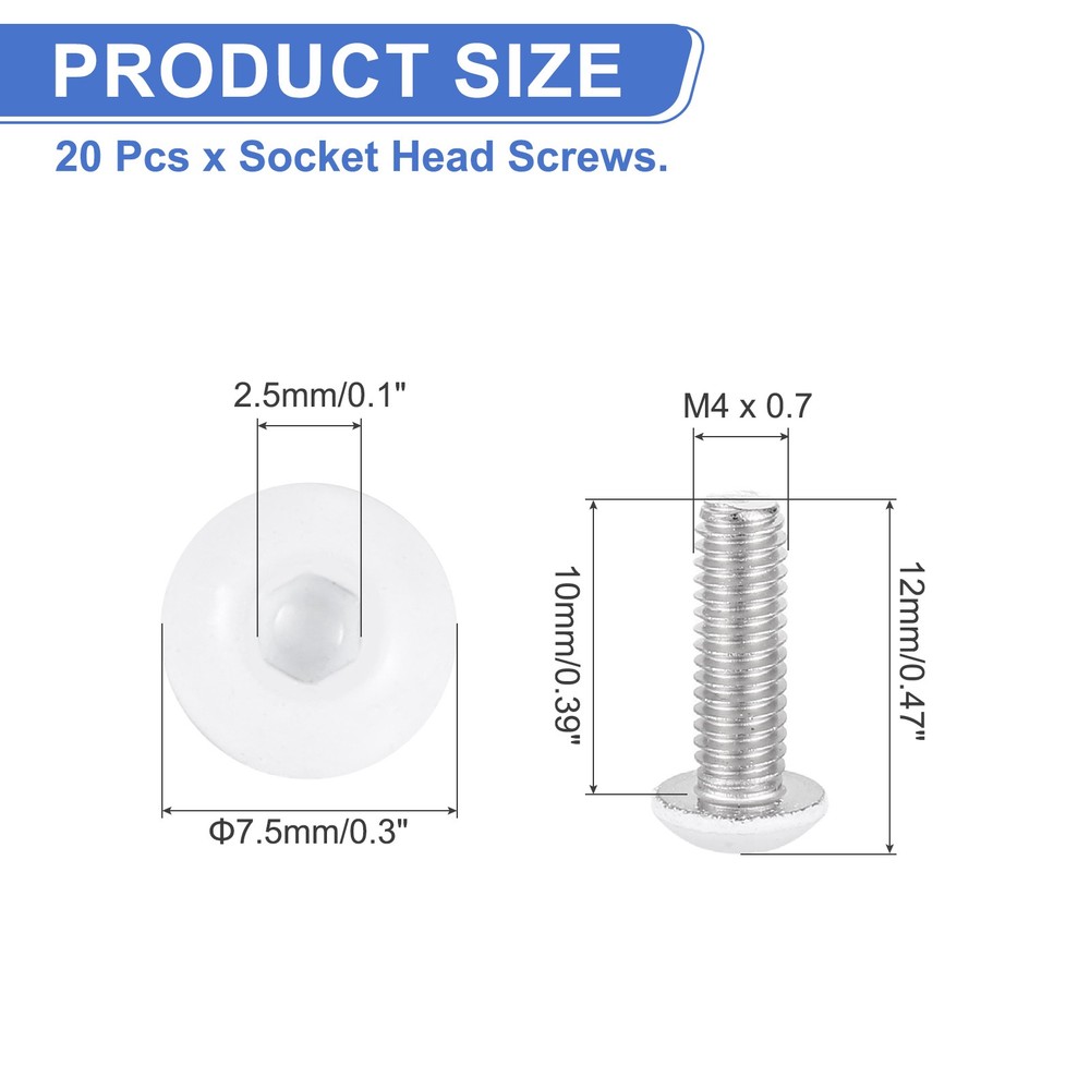 20 Pcs M4-0.7 x 10mm Button Head Socket Cap Screw Machine Screw, White