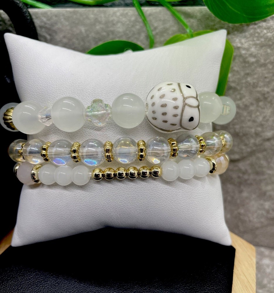 3 PC Handmade Boho  Beaded Stackable 6.5” Plus Stretch Bracelet Set New B1325
