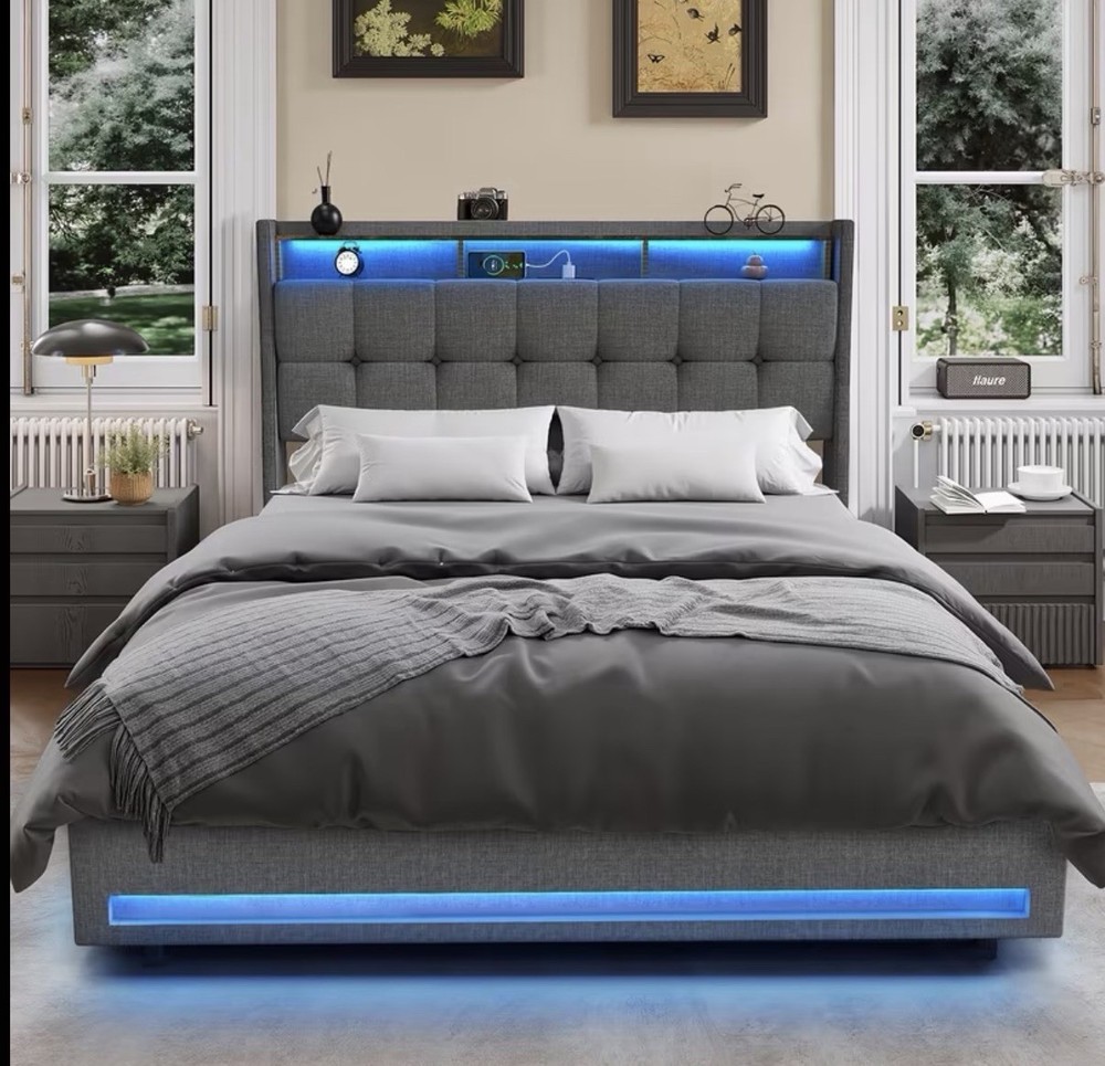 Modern double bed with LED, linen container and padded backrest