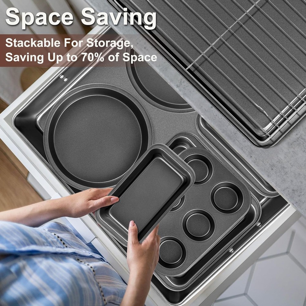 12PCS Nonstick Baking Pans Set Stackable Bakeware Sets W/ Wider Grip Carbon