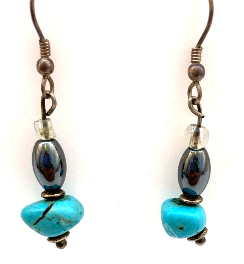 Hand Crafted Turquoise Hematite Beaded Drop Earrings 1.5"
