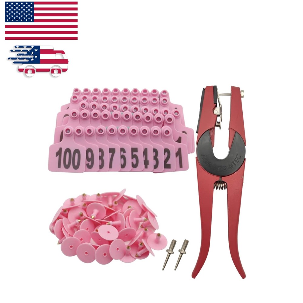 Round Cattle Ear Tags 001-100 with Applicator - Pink Tagging Solution