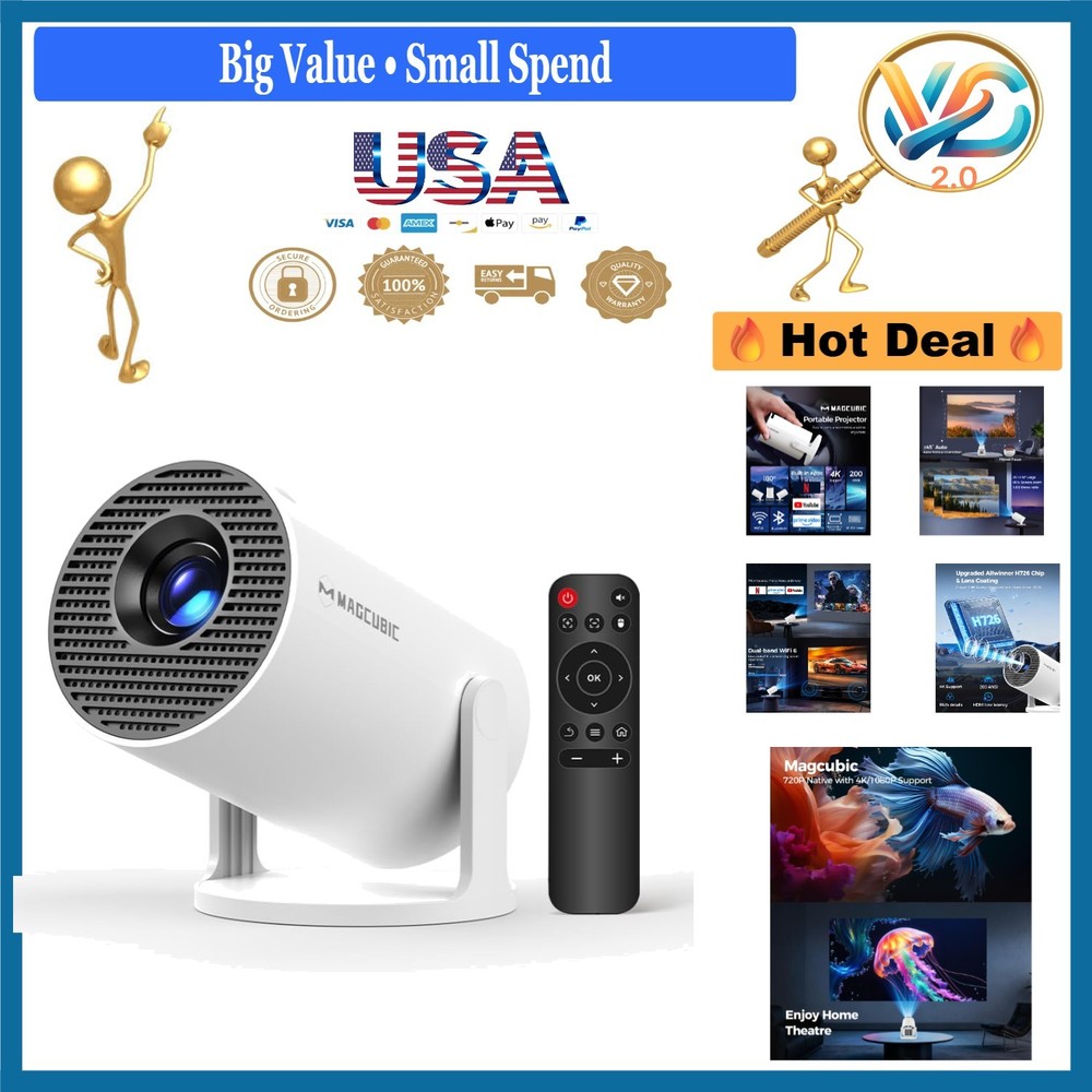 Mini Projector WiFi Bluetooth 4K Support Portable 130'' Screen
