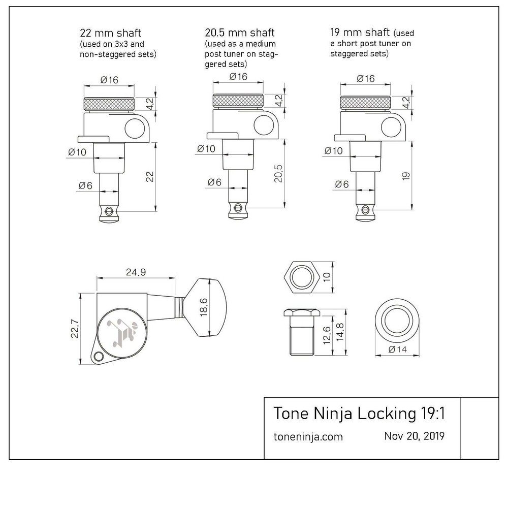 Tone Ninja 20:1 Locking Tuners, 7 String Inline Treble/Lefty, Black and Gold