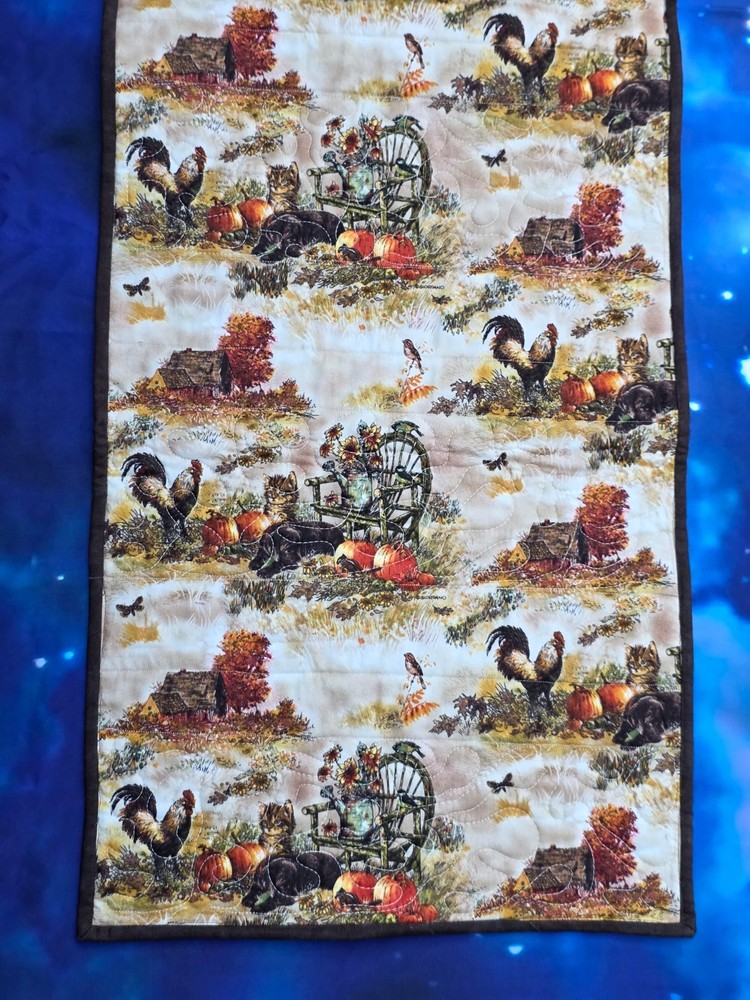 Handmade Quilted Table runner Thanksgiving Fall Autumn kittens chickens trees