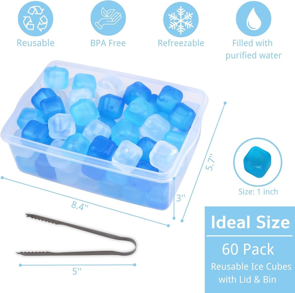 Reusable Ice Cube W/ Lid & Bin 60 Pack Plastic Ice Cubes Drinks BPA Free