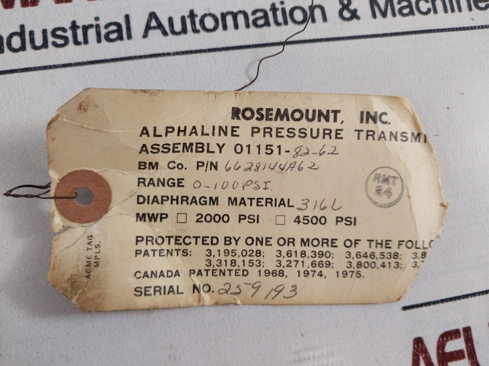 Rosemount 01151-82-62 Alphaline Pressure Transmitter 6628144a62