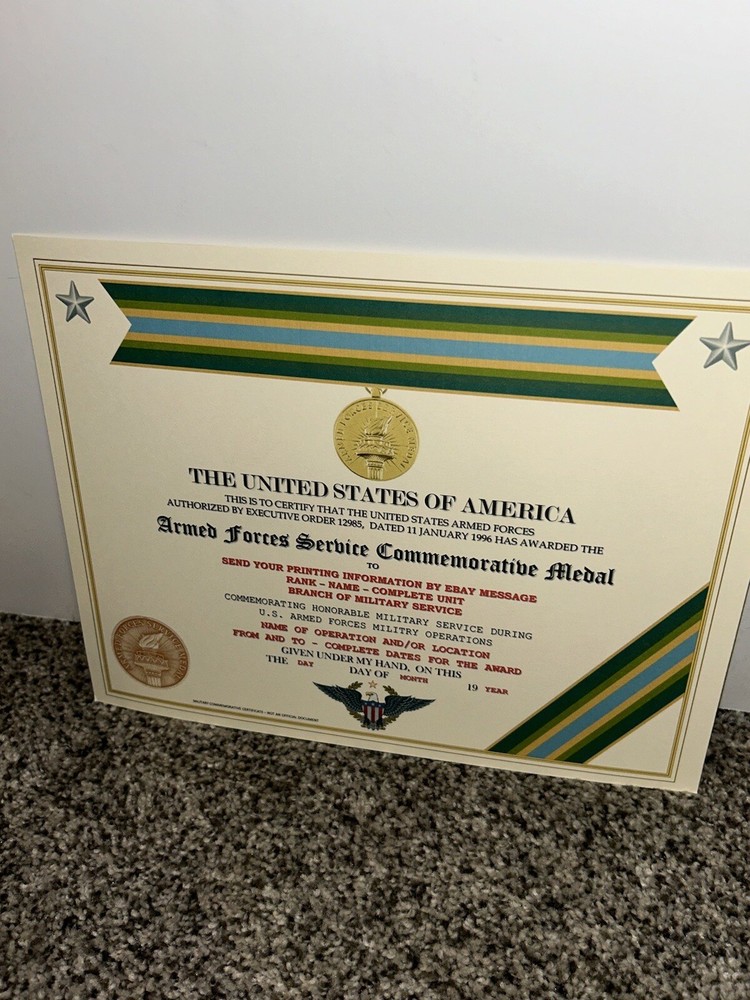 ARMED FORCES SERVICE MEDAL COMMEMORATIVE CERTIFICATE ~ W/PRINTING TYPE-1