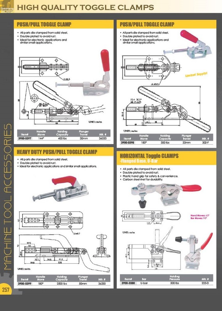 HORIZONTAL SOLID U-BAR FLANGED BASE TOGGLE CLAMP- 880 LBS CAPACITY (3900-0375)