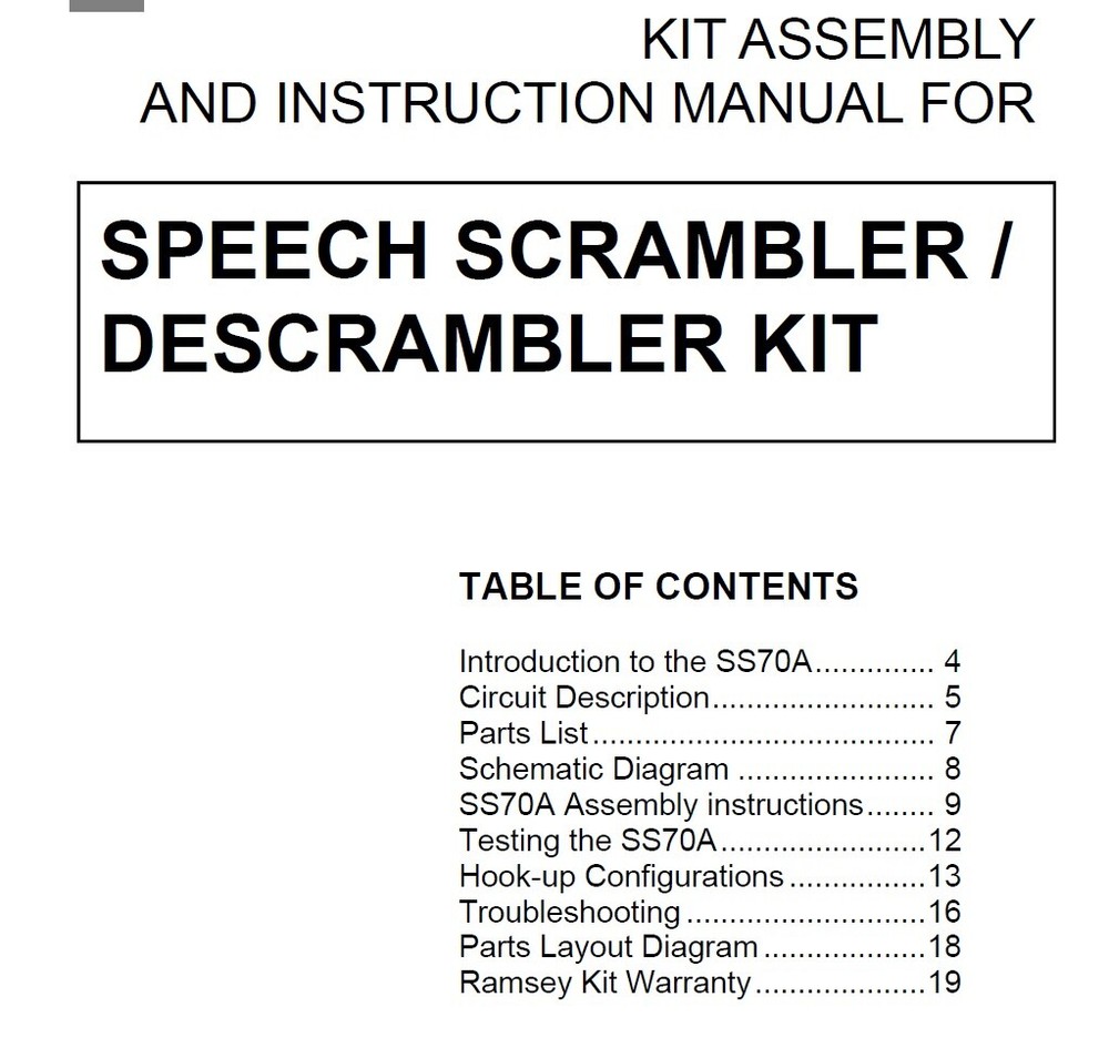 Ramsey SS70A Speech Scramble-Descramble Manual includes schematic.