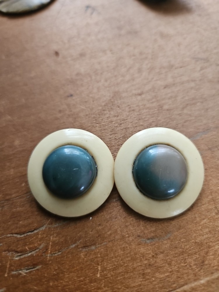 2 Vintage Celluloid Buttons Ivory With Blue Center