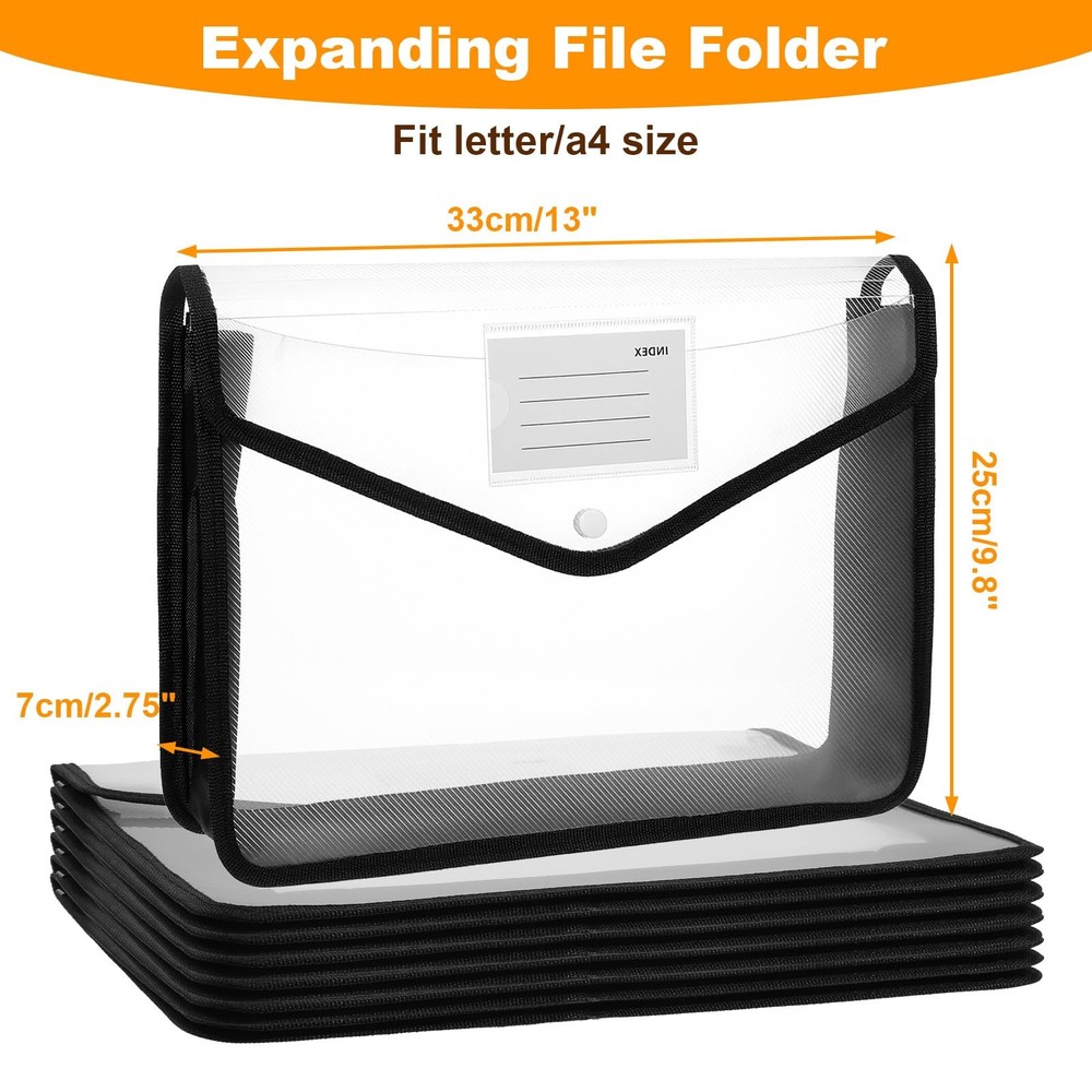 7 PCS Plastic Expanding File Folder Black Transparent Envelopes with Snap Clo...