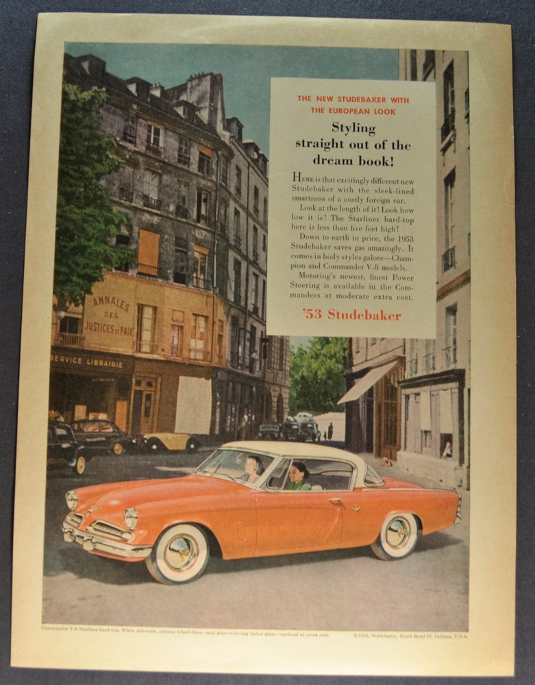 1953 Studebaker Commander Starliner Single Page Ad Sheet Nice Original 53