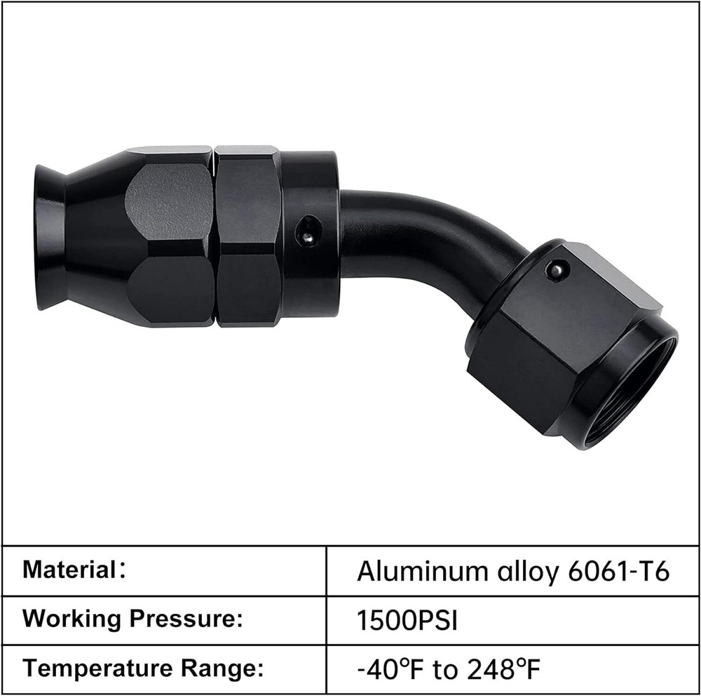 2Pcs 10AN PTFE Hose End Fitting 45 Degree Black for E85 PTFE Hose