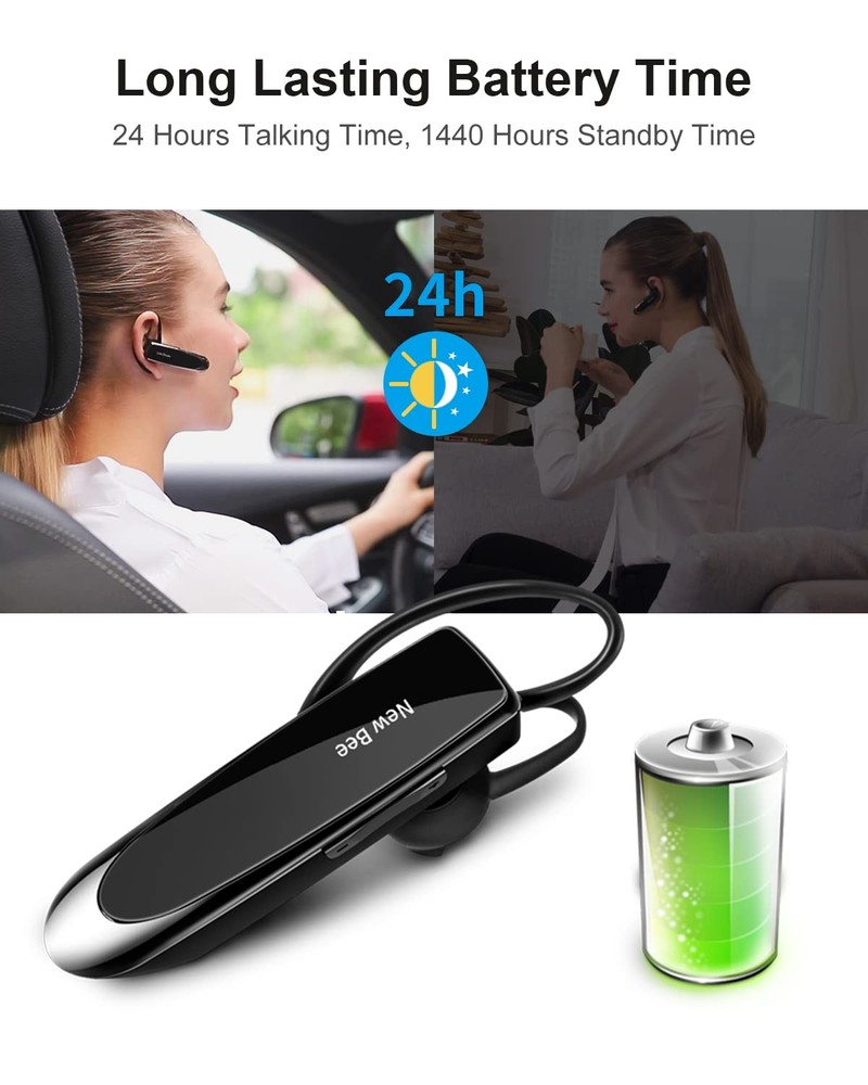 [2 Pack] Bluetooth Earpiece Wireless Handsfree Headset V5.0 24 Hrs M, Black