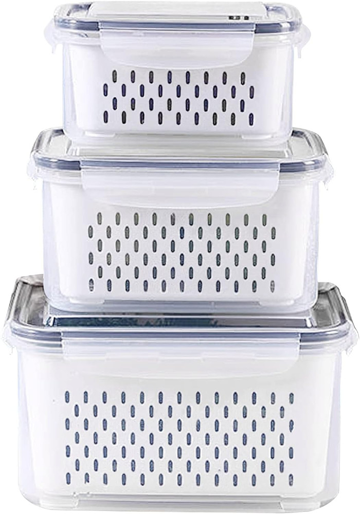 3Pack Fridge Food Storage Container Set with Lids with Strainer,Plastic Fresh Pr