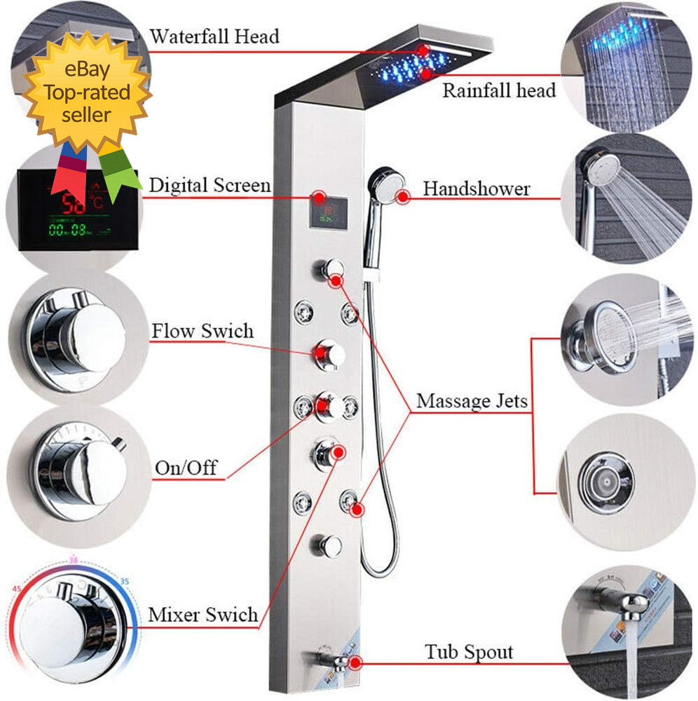Contemporary Shower Panel Tower System Stainless Steel 6 Function LED Shower