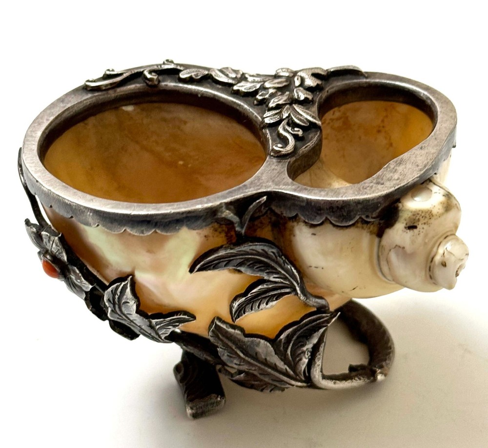 Sterling Silver Mounted Nautilus Shell CAVIAR DISH with Stones