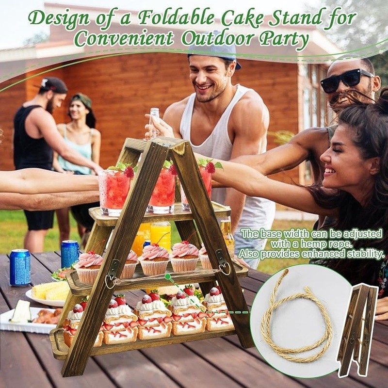 Foldable Solid Pine Dessert Stand Adjustable Ropes Events Catering Parties New