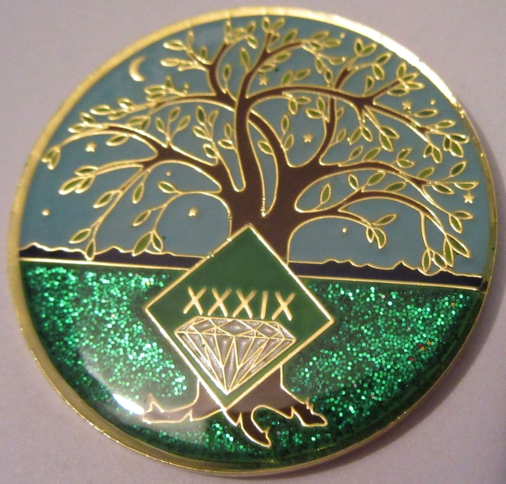 Narcotics Anonymous NA Tree Green 39 Year Medallion Gold Black