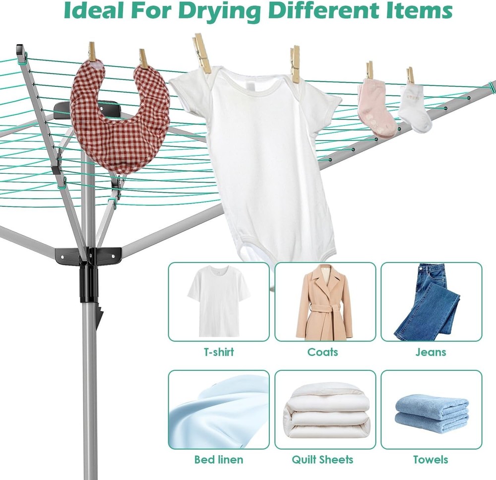 Adjustable Rotary Umbrella Clothesline - 4 Arms, 165 Ft Drying Rack