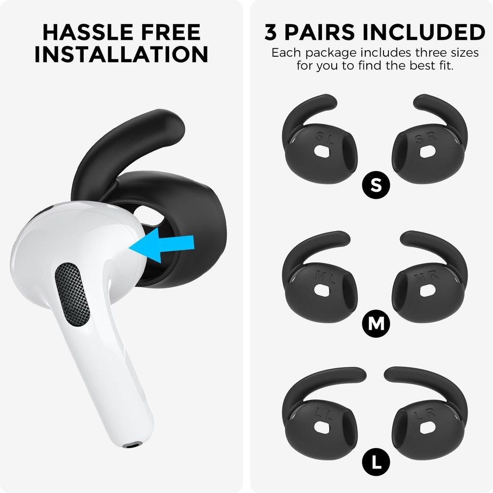 AhaStyle Ear Hooks for AirPods 4th Gen [Large+Medium+Small, Black]