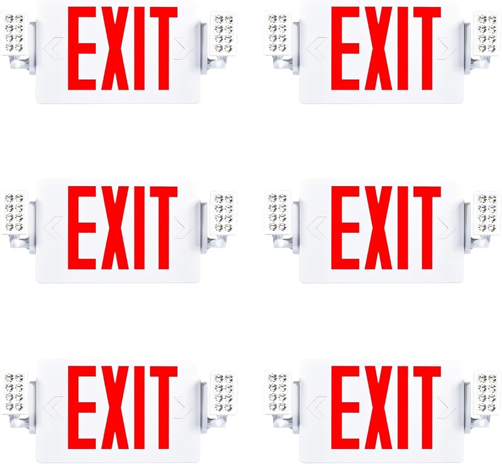 6 Pack LED Exit Sign Emergency Light–Hi Output RED Compact Combo UL 924 Listed