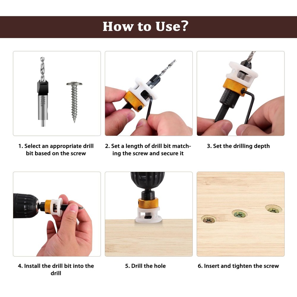 Carbide-Tipped Countersink Drill Bit Set with Depth Stop – 5pc Replaceable Bi...