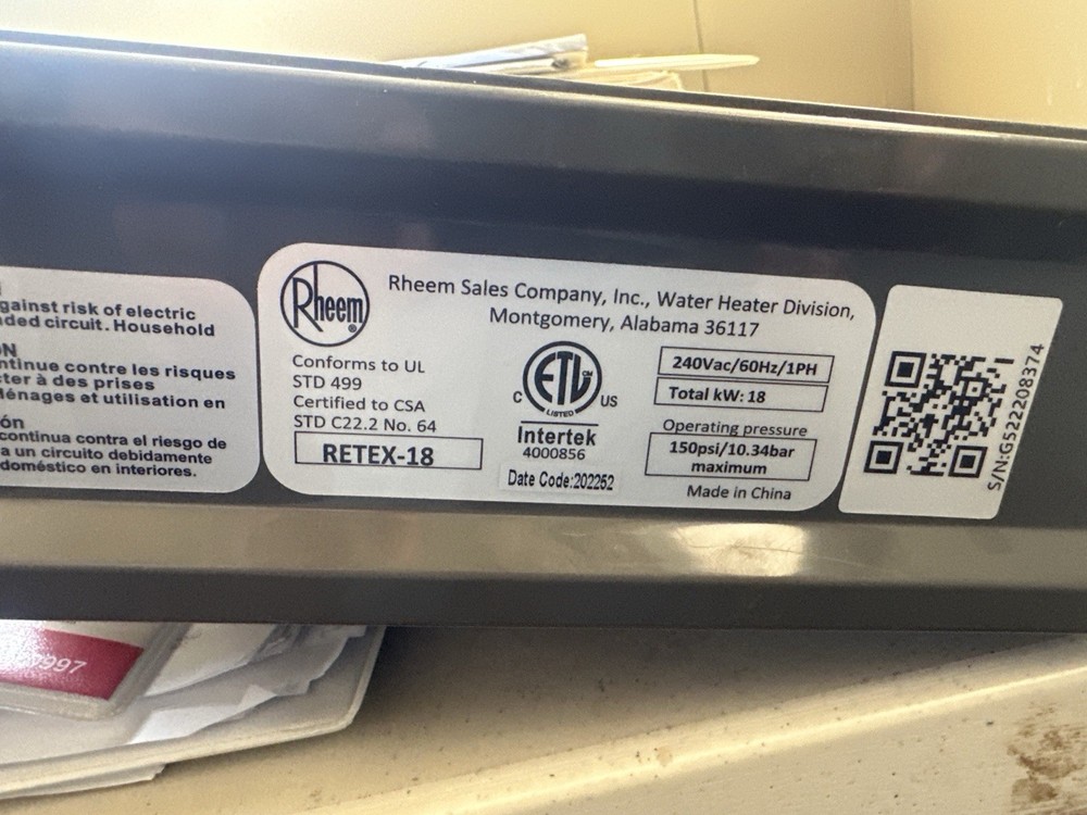 Rheem RETEX-18 Tankless Electric Water Heater 18kW 240V Clean Unit – Fast Ship